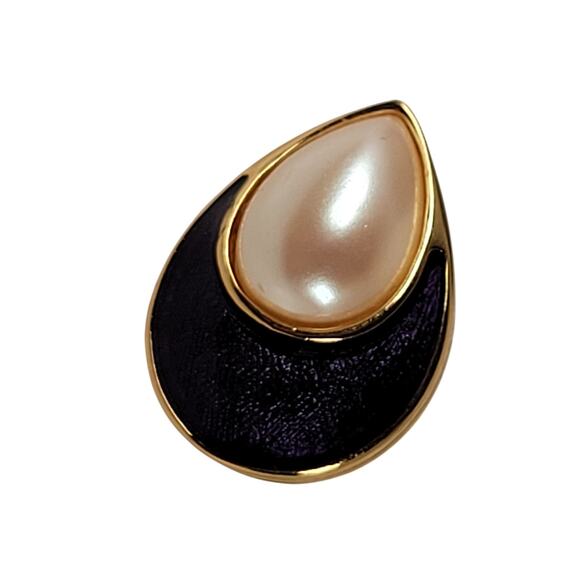 Vintage Monet Gold Tone Clip-On Earrings Blue Enamel Faux Pearl Teardrop - Picture 4 of 7